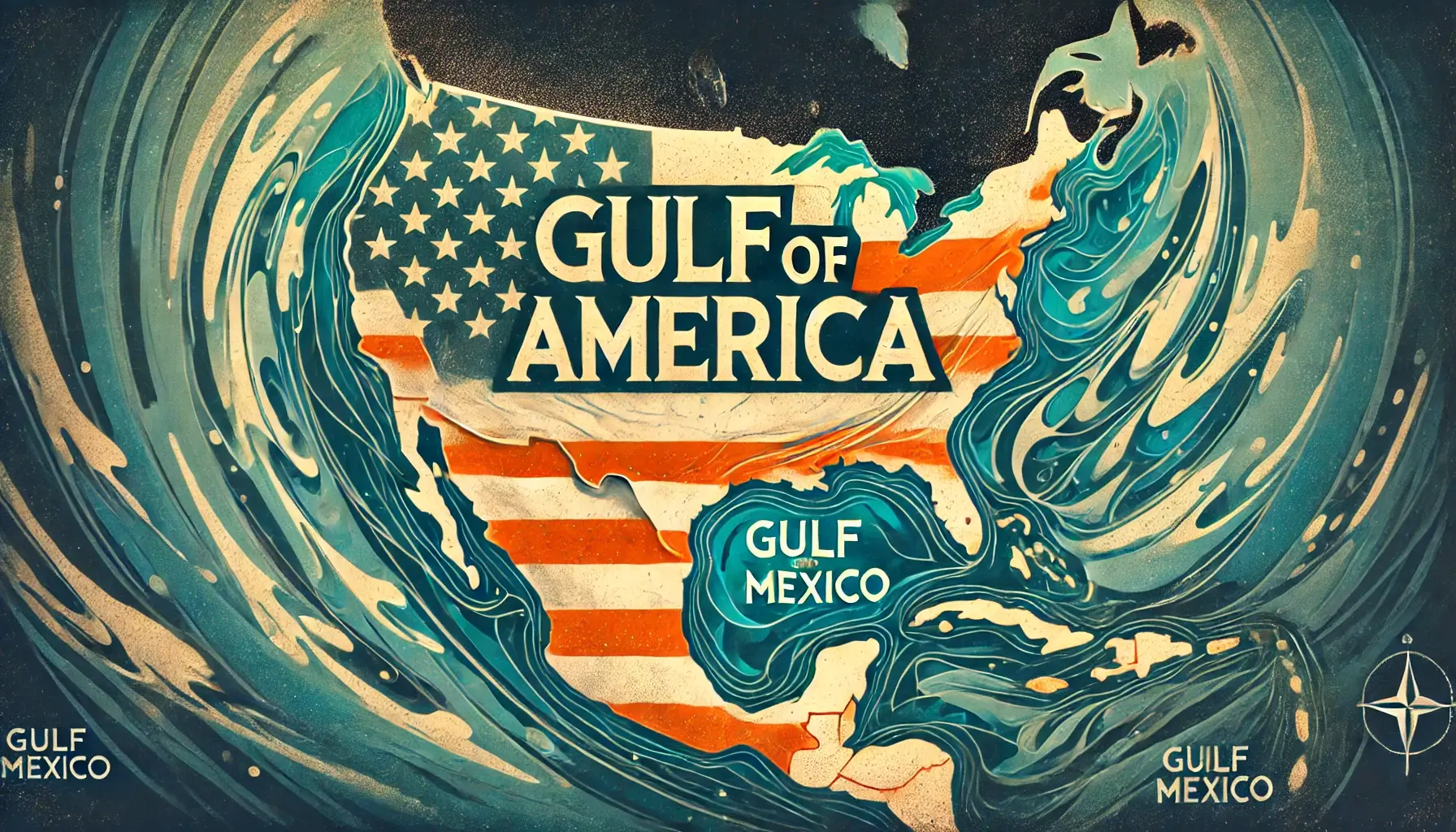 An artistic representation of the Gulf of Mexico labeled as the 'Gulf of America,' featuring a stylized map with the United States highlighted prominently