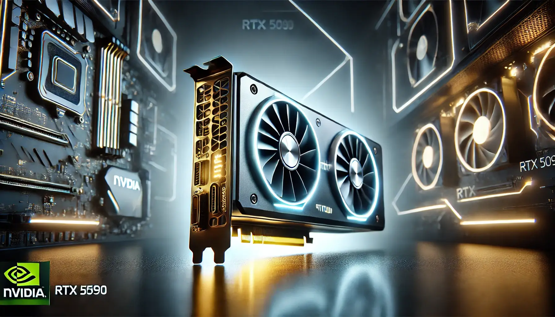 A futuristic NVIDIA RTX 5090 graphics card with glowing highlights, showcasing its compact size and advanced technology